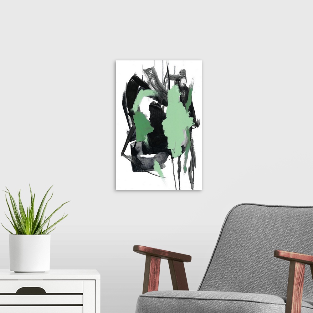 A modern room featuring Contemporary abstract painting in grey and light green with dripping paint.