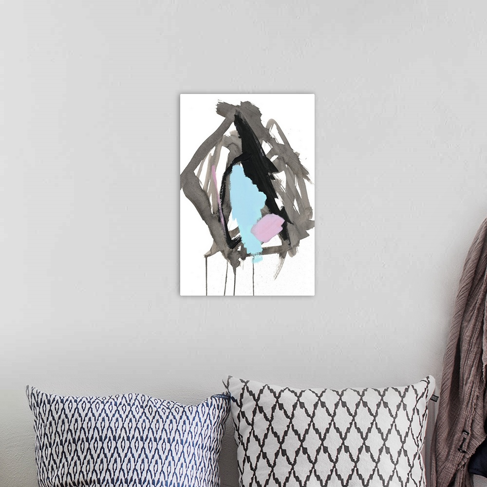 A bohemian room featuring Contemporary abstract painting in grey and light blue with dripping paint.