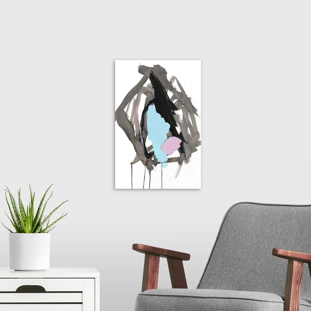 A modern room featuring Contemporary abstract painting in grey and light blue with dripping paint.