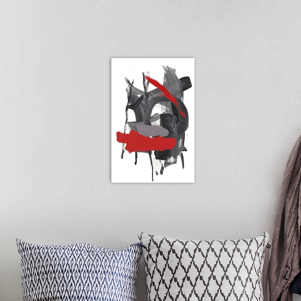 A bohemian room featuring Contemporary abstract painting in grey and red with dripping paint.