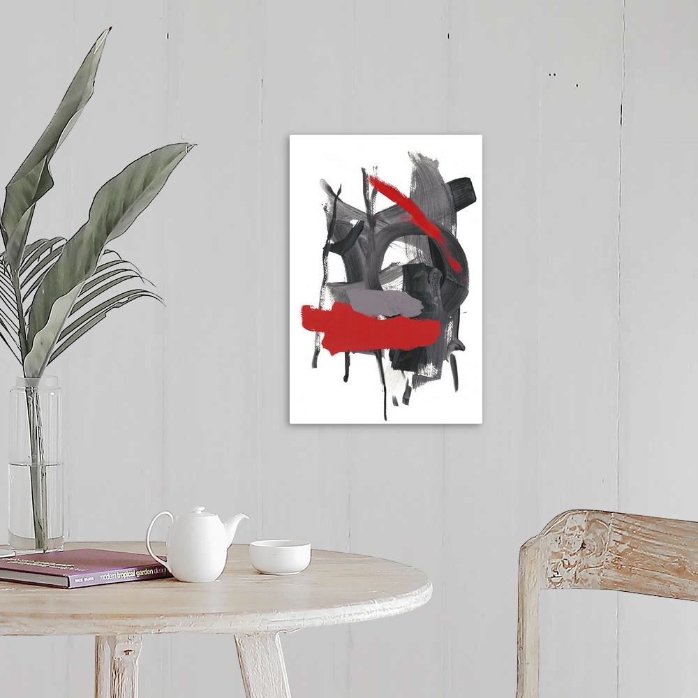 A farmhouse room featuring Contemporary abstract painting in grey and red with dripping paint.