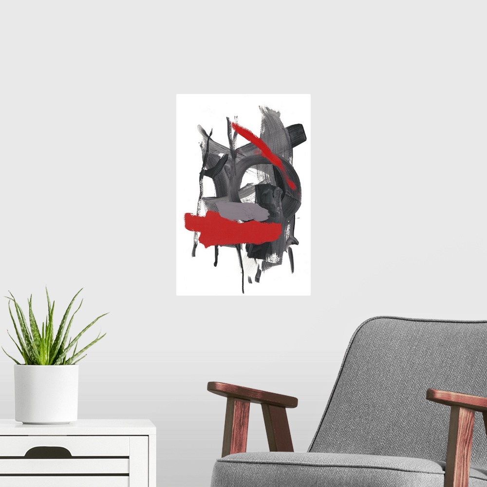 A modern room featuring Contemporary abstract painting in grey and red with dripping paint.