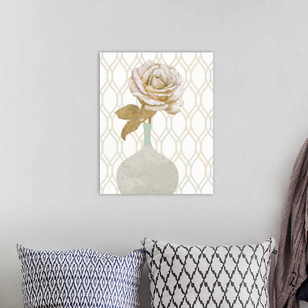 A bohemian room featuring Contemporary painting of a single white and gold rose inside of a gray and teal vase on a pattern...