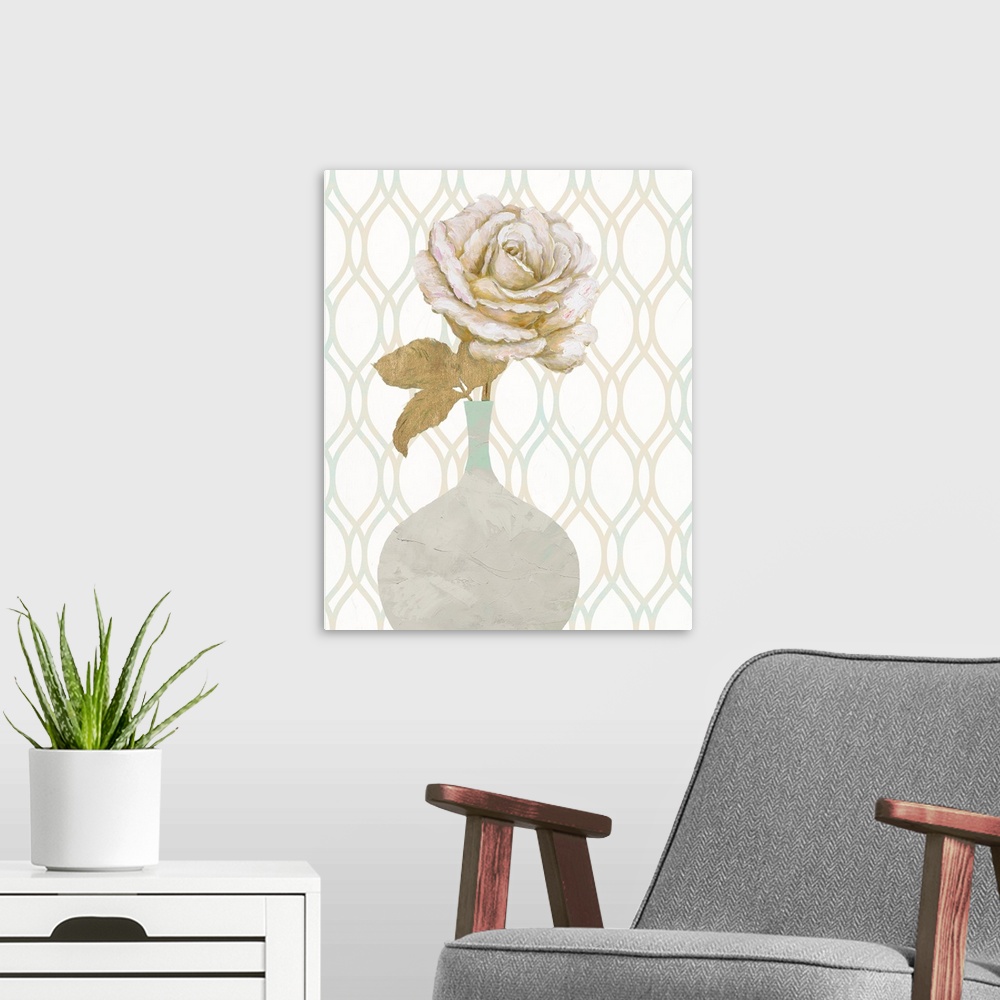 A modern room featuring Contemporary painting of a single white and gold rose inside of a gray and teal vase on a pattern...