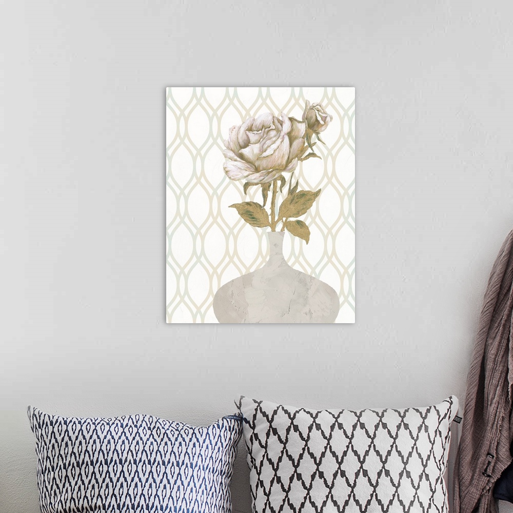 A bohemian room featuring Contemporary painting of a single white and gold rose inside of a gray and teal vase on a pattern...
