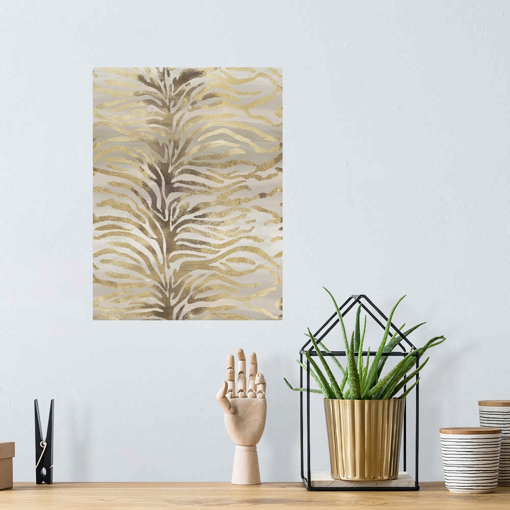 A bohemian room featuring Zebra patterned artwork in shades of grey and gold.