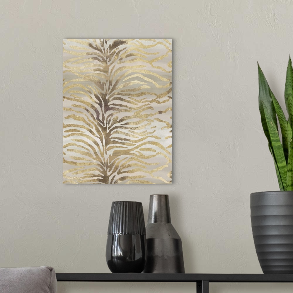 A modern room featuring Zebra patterned artwork in shades of grey and gold.