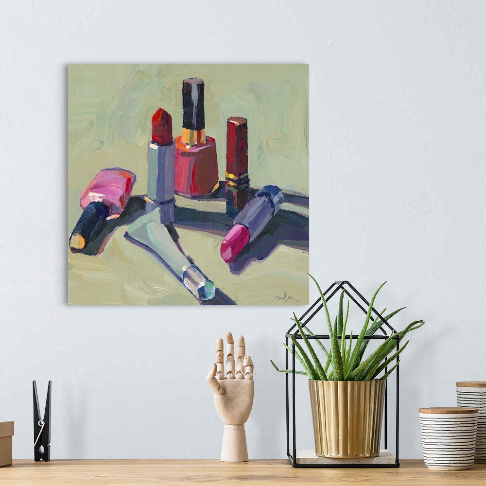 A bohemian room featuring Contemporary painting of a different lipstick liners and nail polishes.