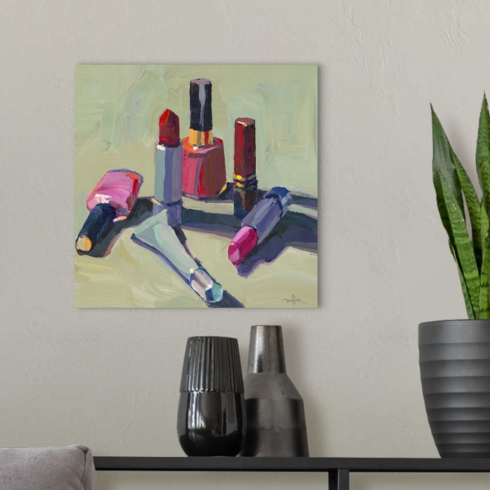 A modern room featuring Contemporary painting of a different lipstick liners and nail polishes.