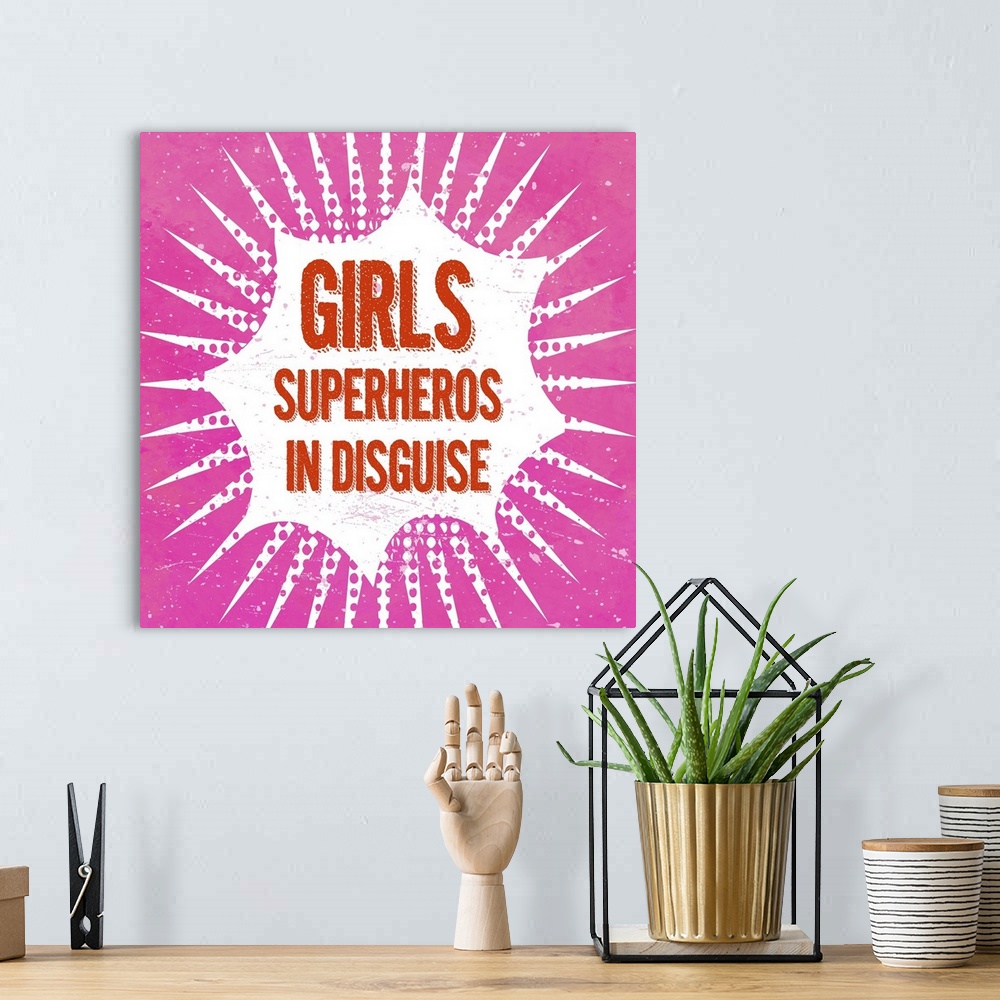 A bohemian room featuring Comic book style girls' room artwork of text in a starburst.