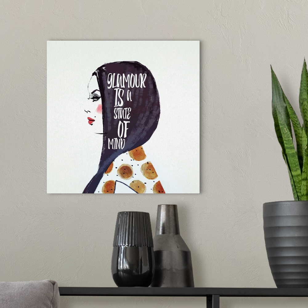 A modern room featuring Illustration of a fashionable woman wearing a veil with white text.