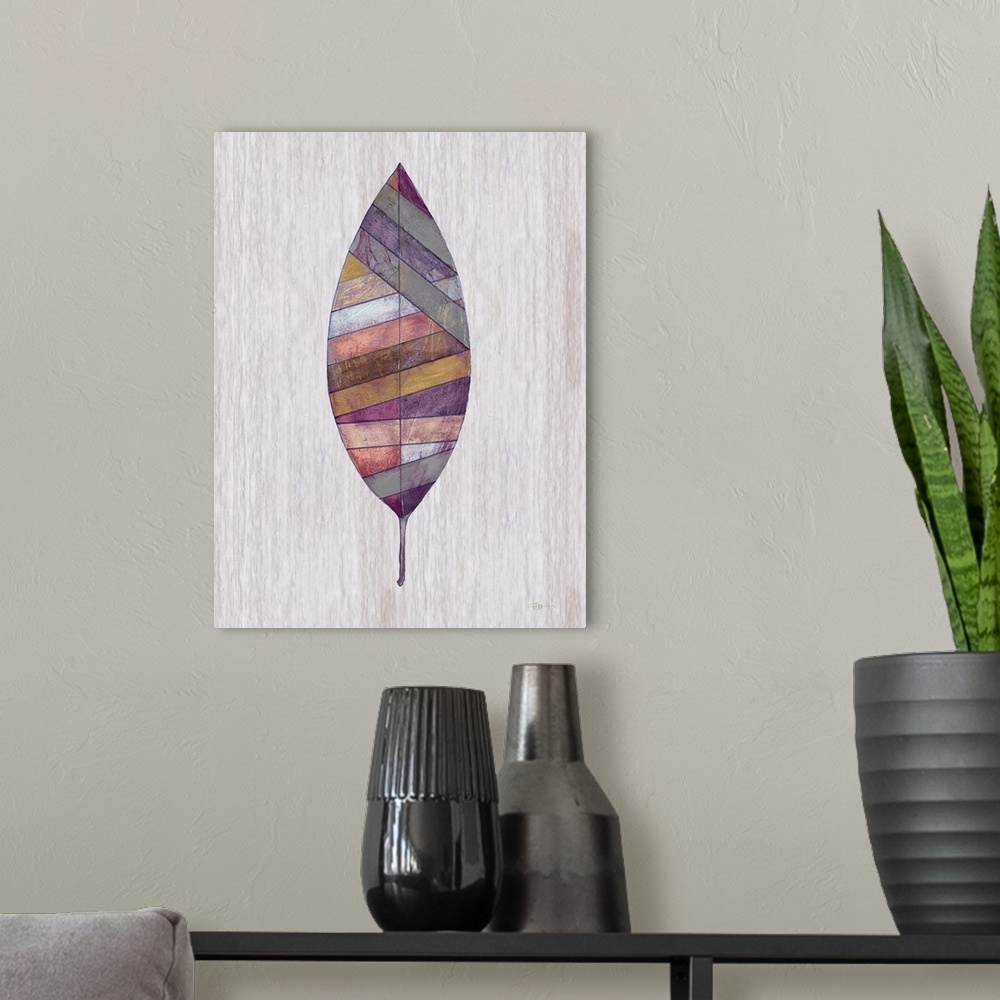 A modern room featuring Contemporary painting of a leaf displayed as a wood inlay against a neutral background.