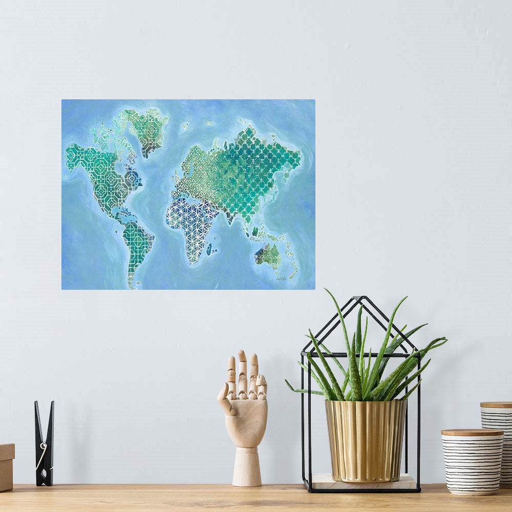 A bohemian room featuring Map of the world with golden patterns.