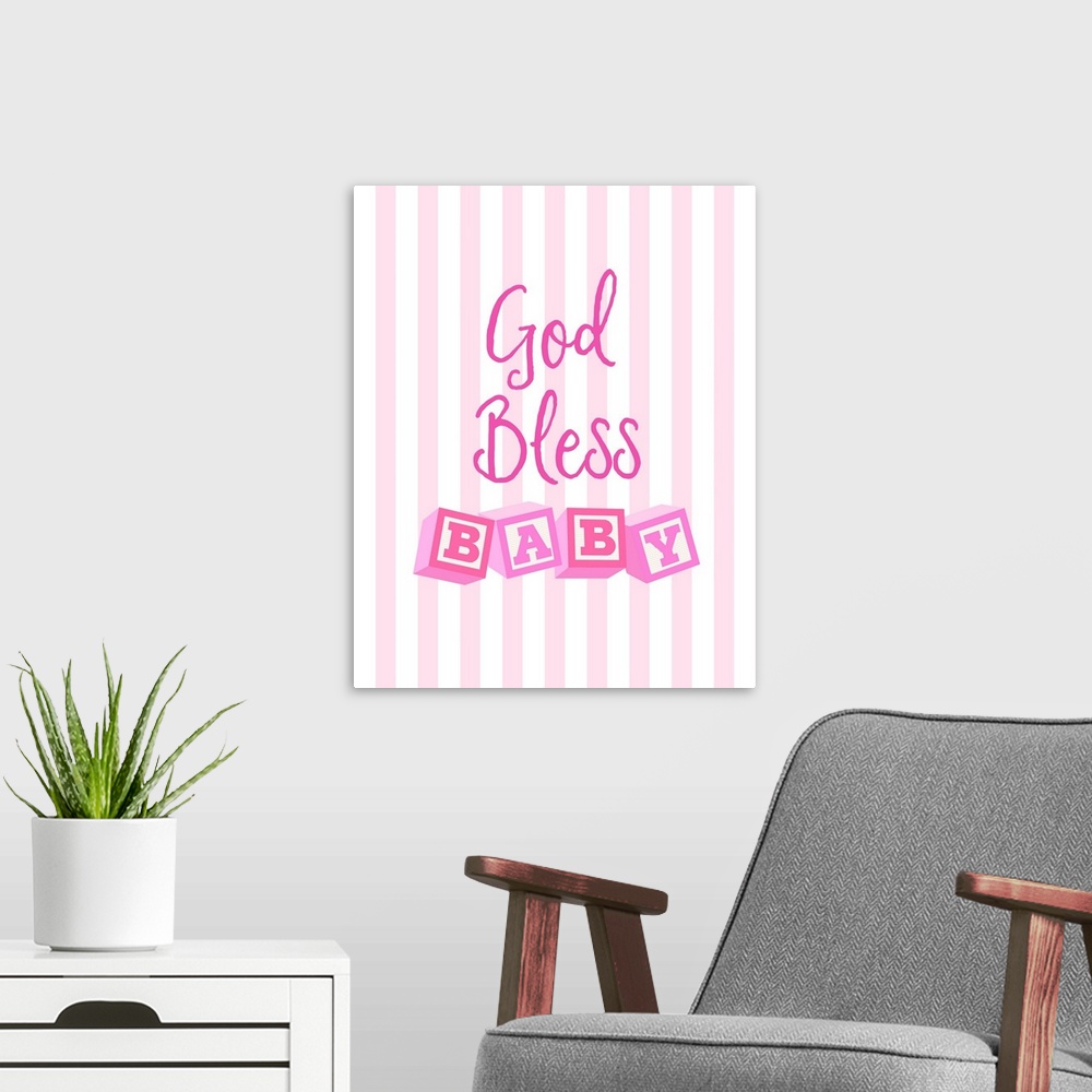 A modern room featuring Pink nursery art reading "God bless baby" with letter blocks on stripes.
