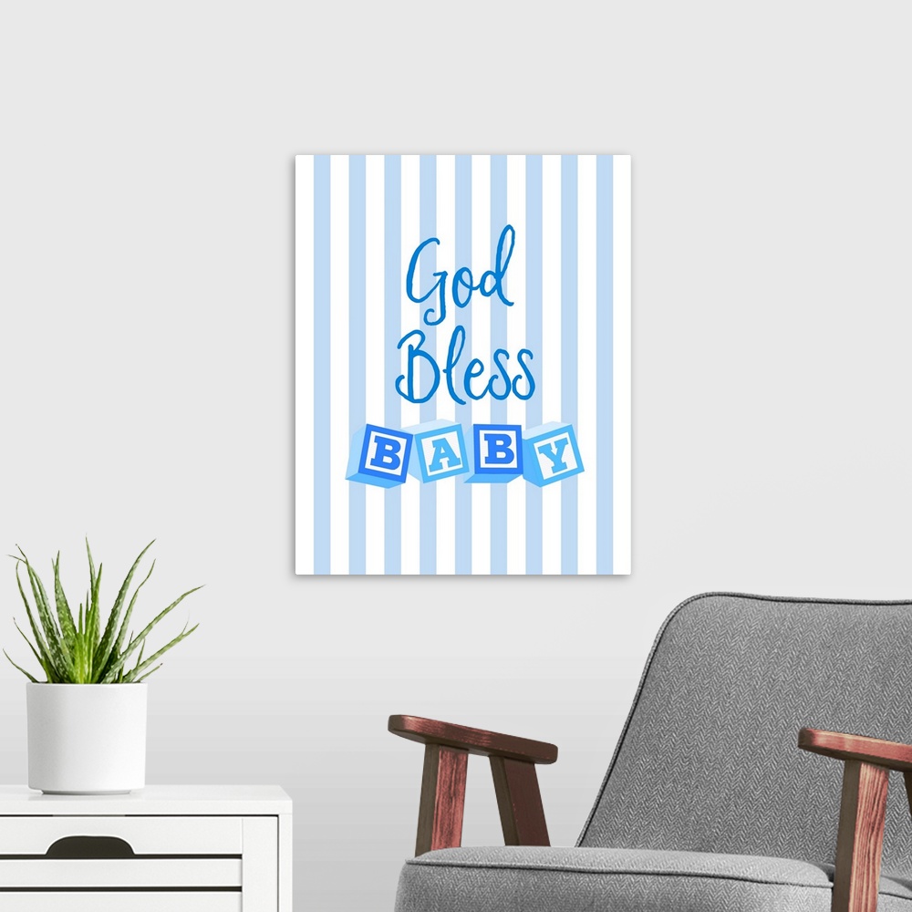 A modern room featuring Blue nursery art reading "God bless baby" with letter blocks on stripes.