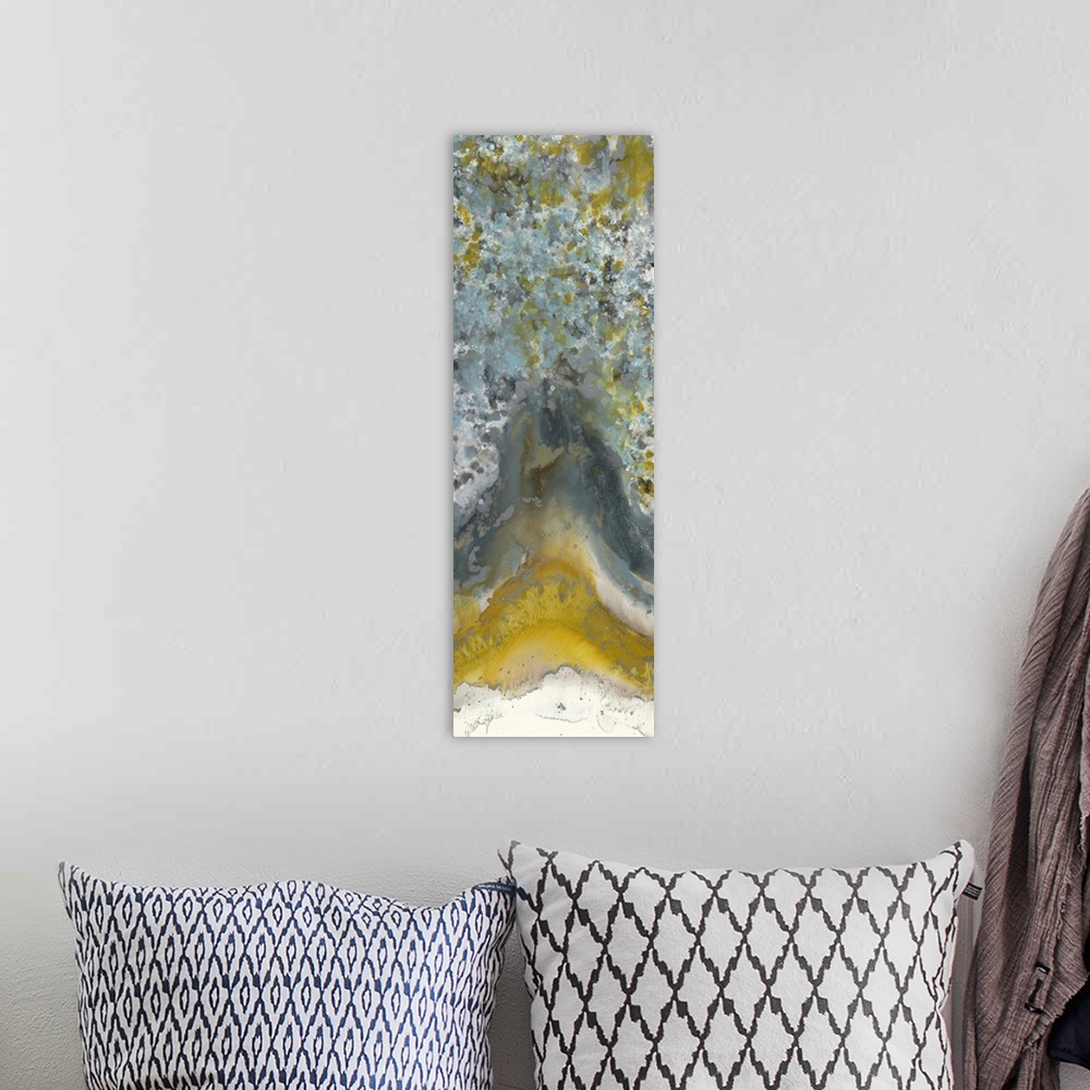 A bohemian room featuring Contemporary abstract painting using tones of brown and yellow mixed with pale turquoise to creat...