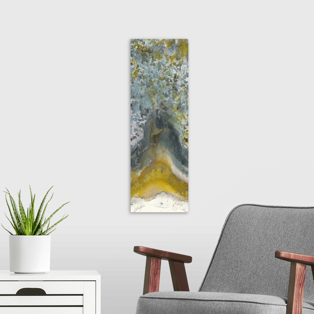 A modern room featuring Contemporary abstract painting using tones of brown and yellow mixed with pale turquoise to creat...