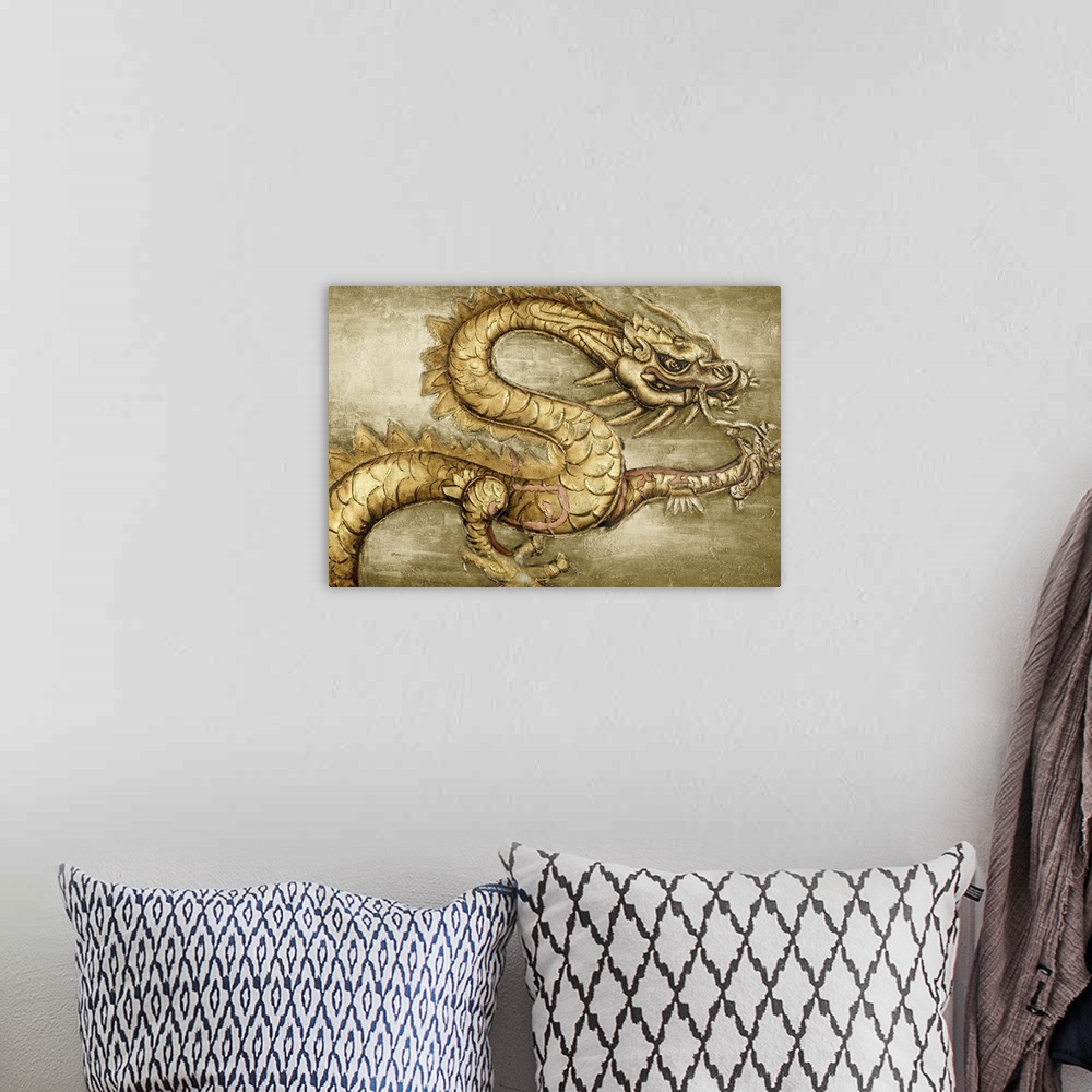 A bohemian room featuring Contemporary home decor artwork of a golden wall with a ferocious dragon on it.