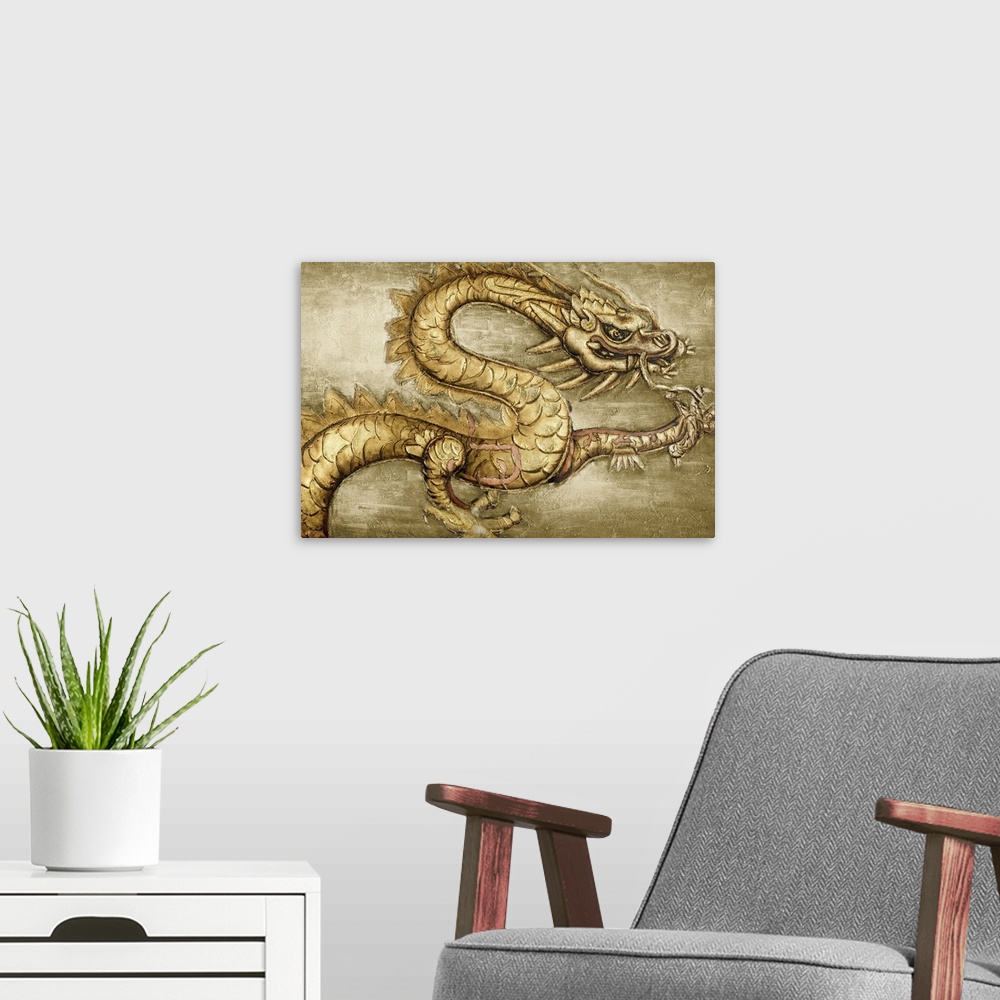 A modern room featuring Contemporary home decor artwork of a golden wall with a ferocious dragon on it.