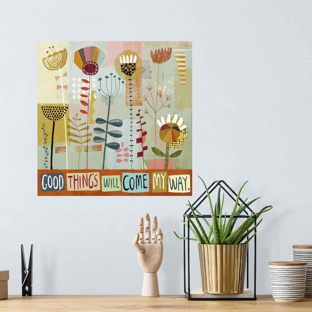 A bohemian room featuring Contemporary painting with a retro feel of colorful shapes and designs making a flowery garden sc...