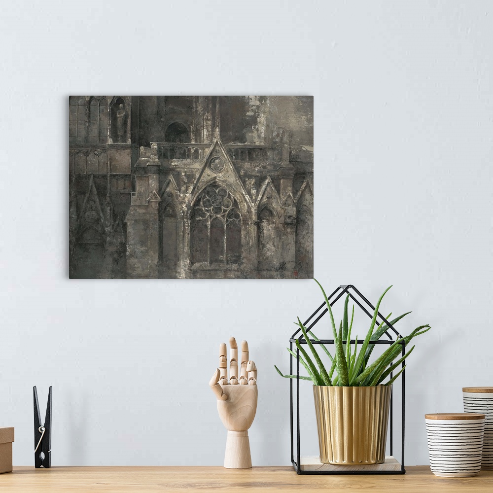 A bohemian room featuring Contemporary painting of the facade of a gothic cathedral.