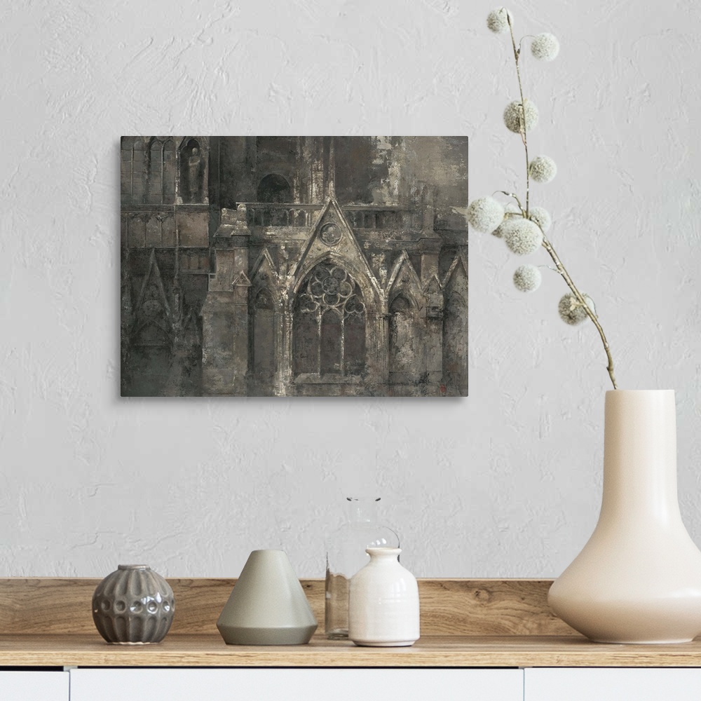 A farmhouse room featuring Contemporary painting of the facade of a gothic cathedral.