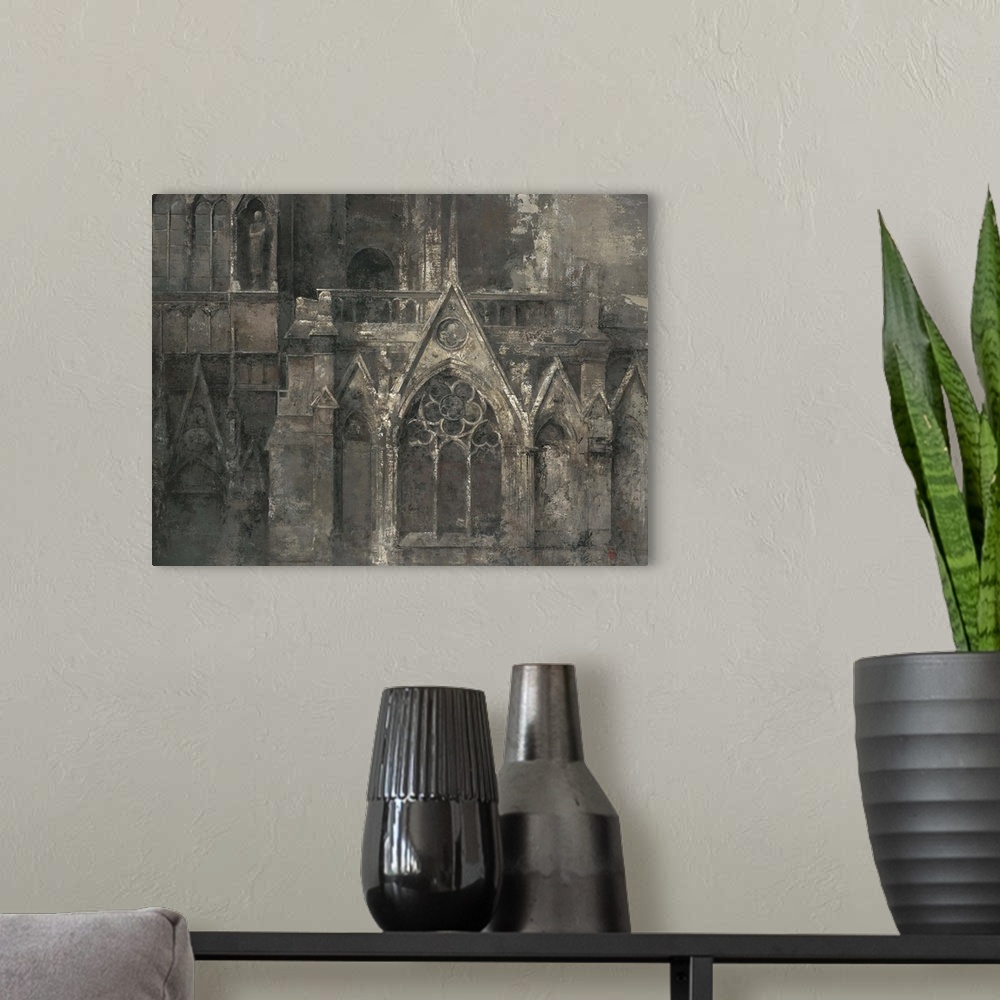 A modern room featuring Contemporary painting of the facade of a gothic cathedral.