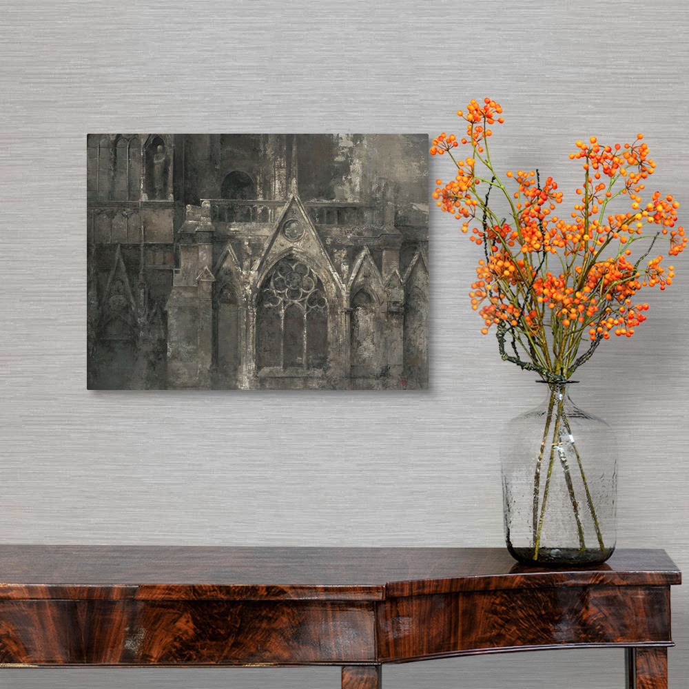 A traditional room featuring Contemporary painting of the facade of a gothic cathedral.
