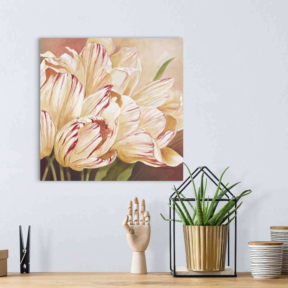 A bohemian room featuring Pastel painting of pale striped tulips in a bouquet.