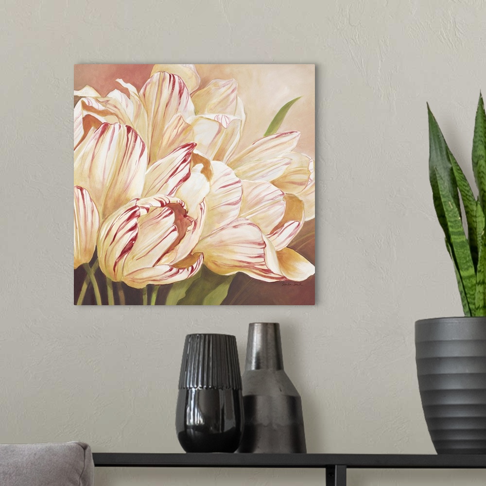 A modern room featuring Pastel painting of pale striped tulips in a bouquet.