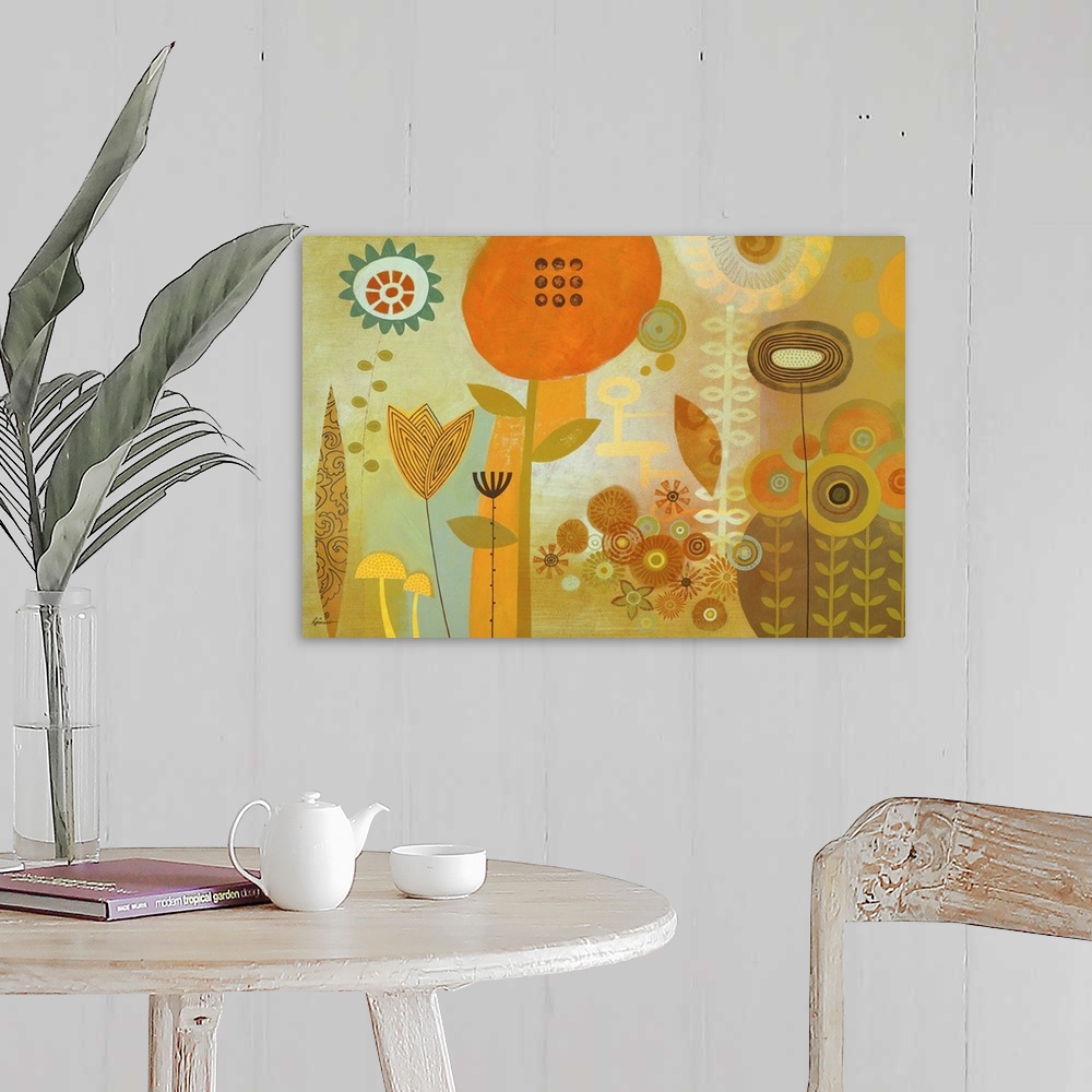 A farmhouse room featuring Contemporary painting with a retro feel of colorful shapes and designs making a flowery garden sc...
