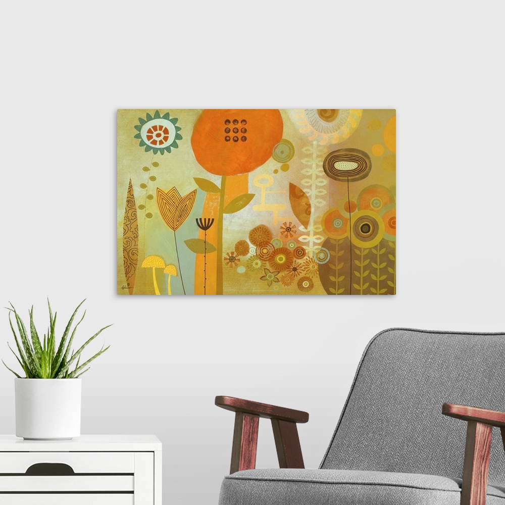 A modern room featuring Contemporary painting with a retro feel of colorful shapes and designs making a flowery garden sc...