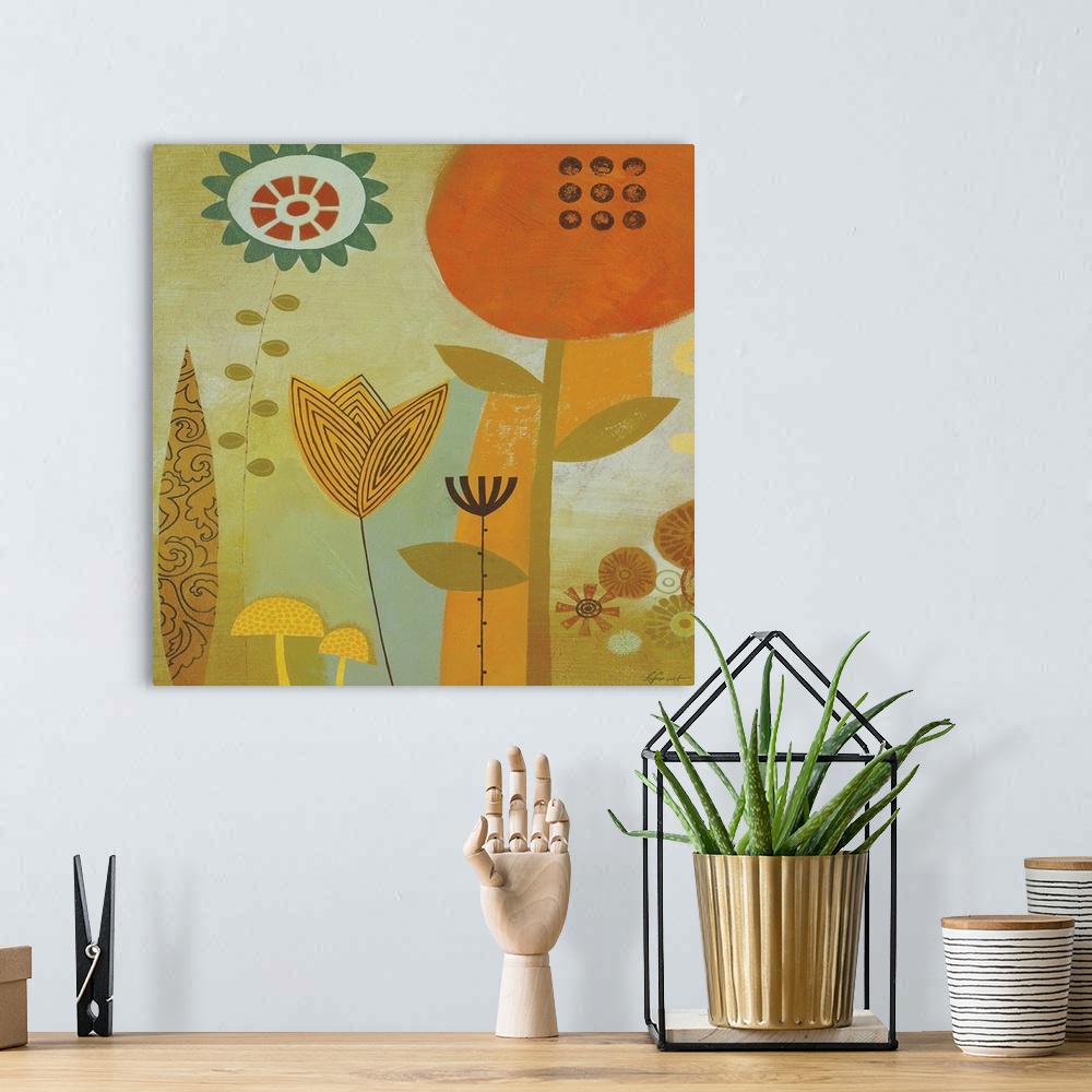 A bohemian room featuring Contemporary painting with a retro feel of colorful shapes and designs making a flowery garden sc...