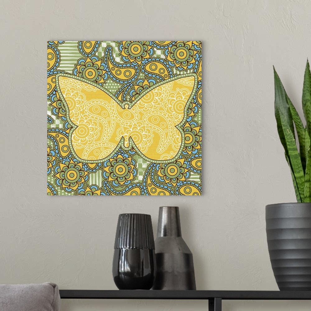 A modern room featuring Colorful paisley patterned artwork with the silhouette of a butterfly.