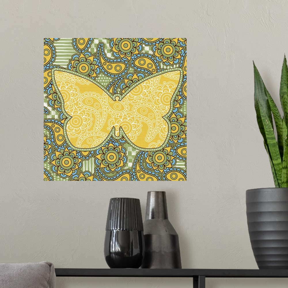 A modern room featuring Colorful paisley patterned artwork with the silhouette of a butterfly.