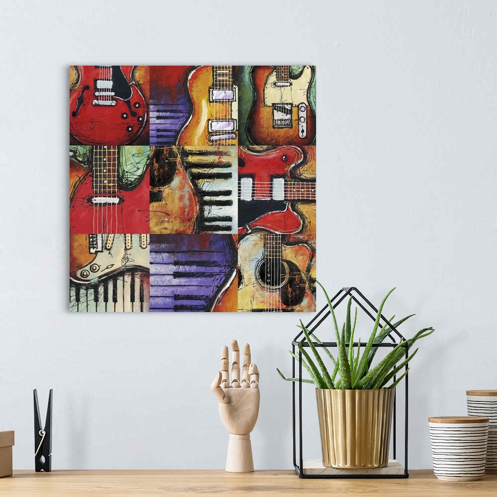 A bohemian room featuring Contemporary painting of a guitar with piano keys in the background.