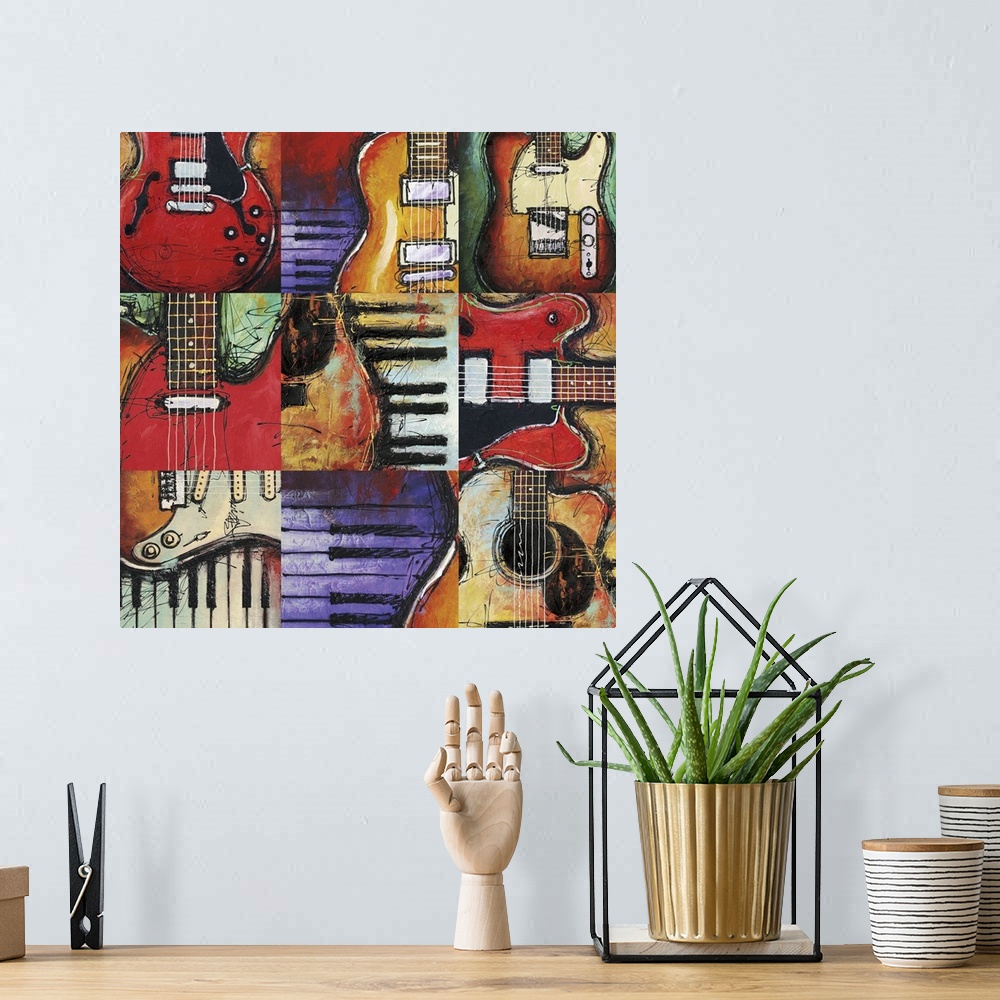 A bohemian room featuring Contemporary painting of a guitar with piano keys in the background.