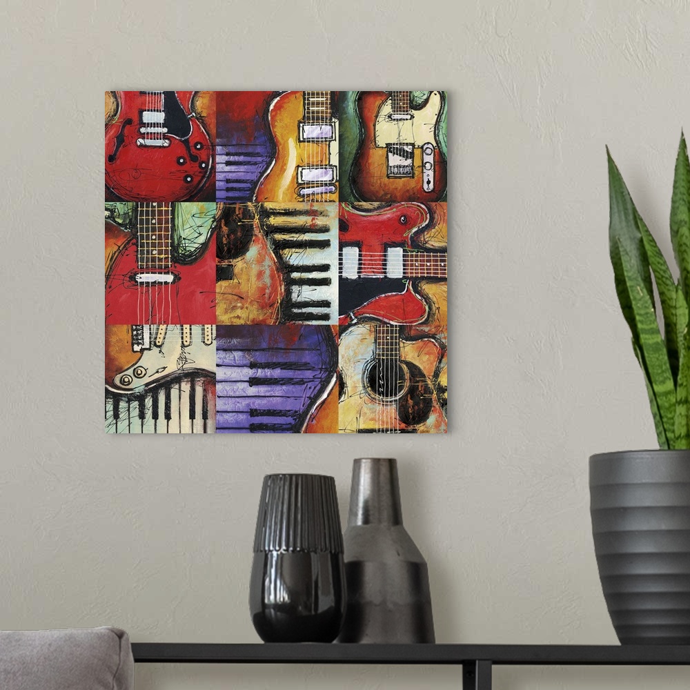 A modern room featuring Contemporary painting of a guitar with piano keys in the background.