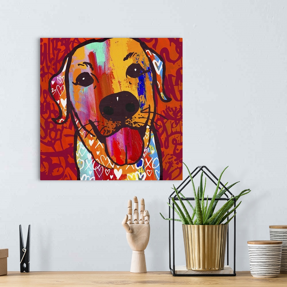 A bohemian room featuring A brightly colored labrador retriever with its tongue sticking out.