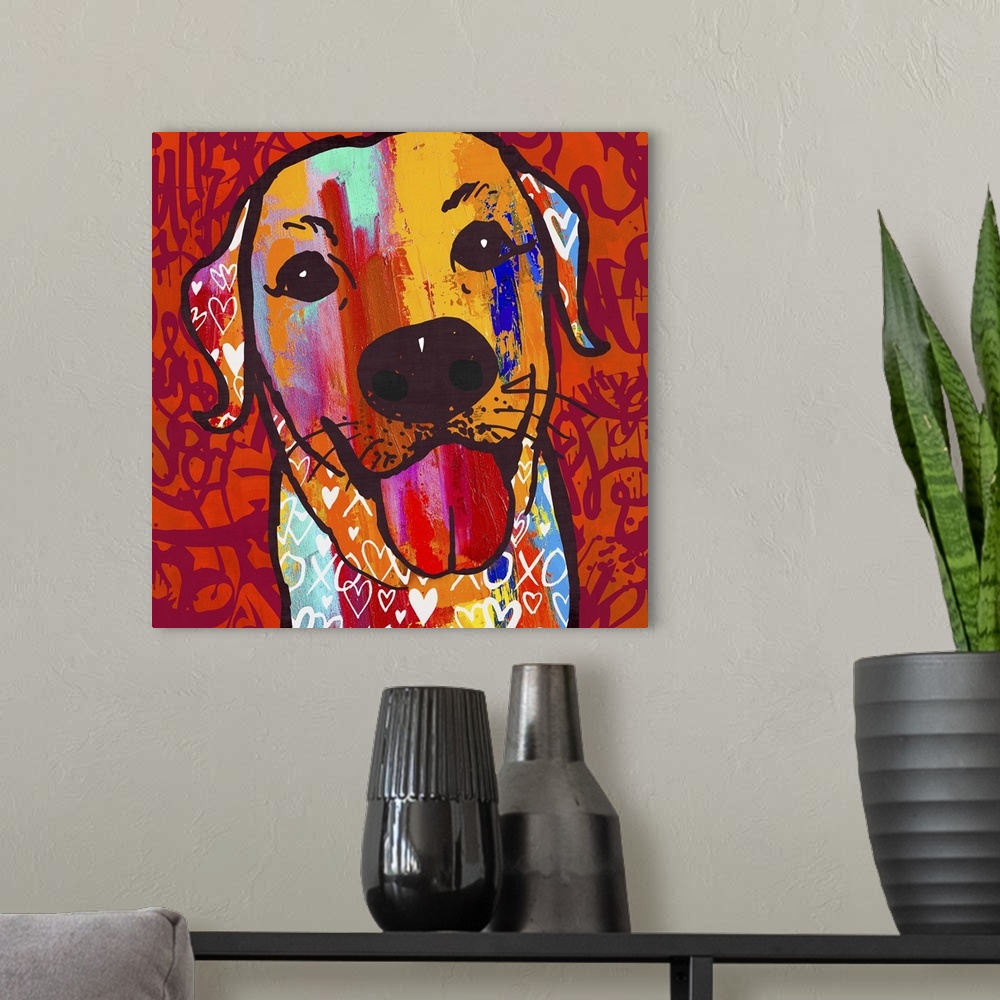 A modern room featuring A brightly colored labrador retriever with its tongue sticking out.