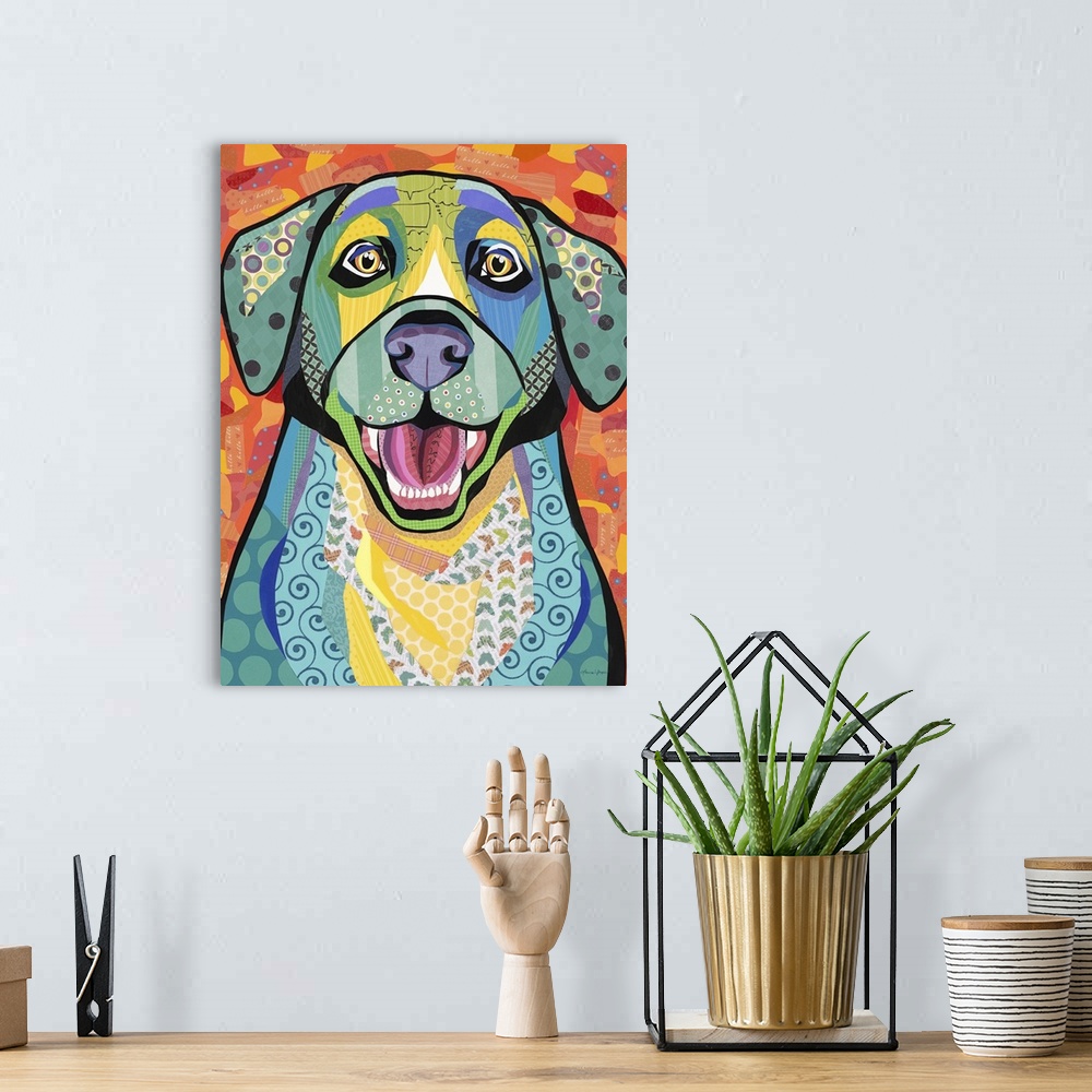 A bohemian room featuring Colorful collage artwork of an excited Labrador Retriever.
