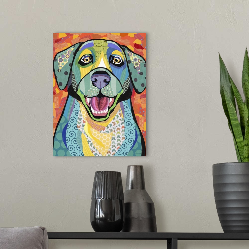 A modern room featuring Colorful collage artwork of an excited Labrador Retriever.