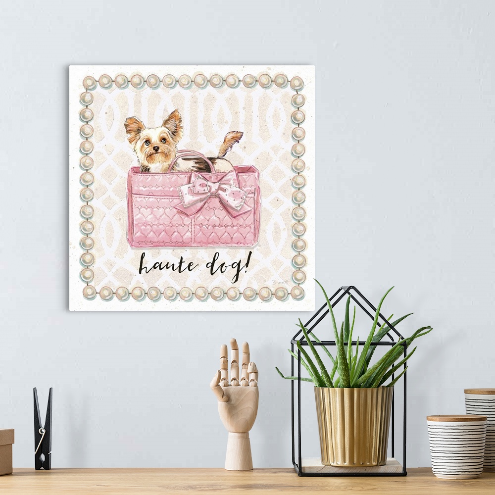 A bohemian room featuring Illustration of a cute yorkshire terrier puppy in a fashionable handbag.