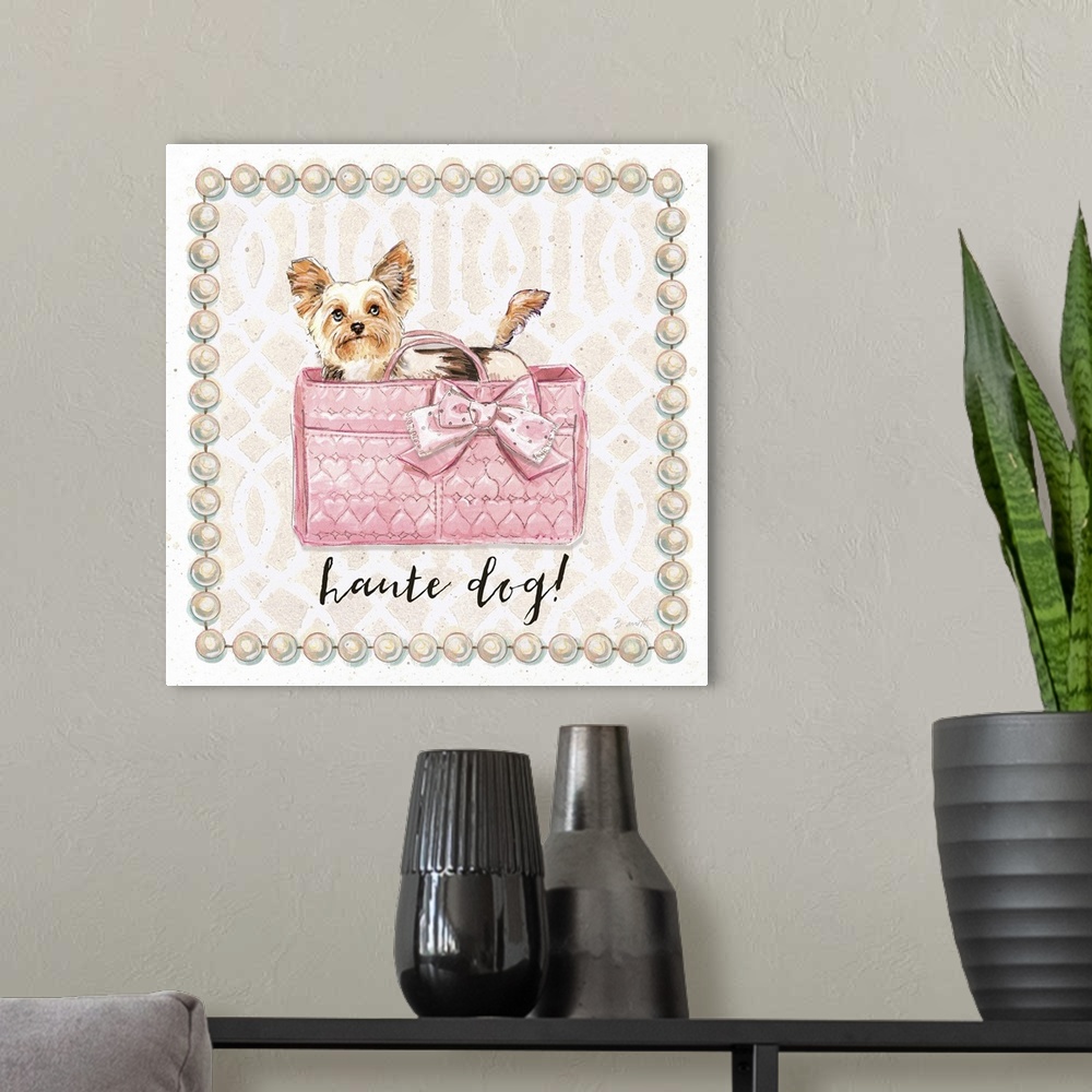 A modern room featuring Illustration of a cute yorkshire terrier puppy in a fashionable handbag.