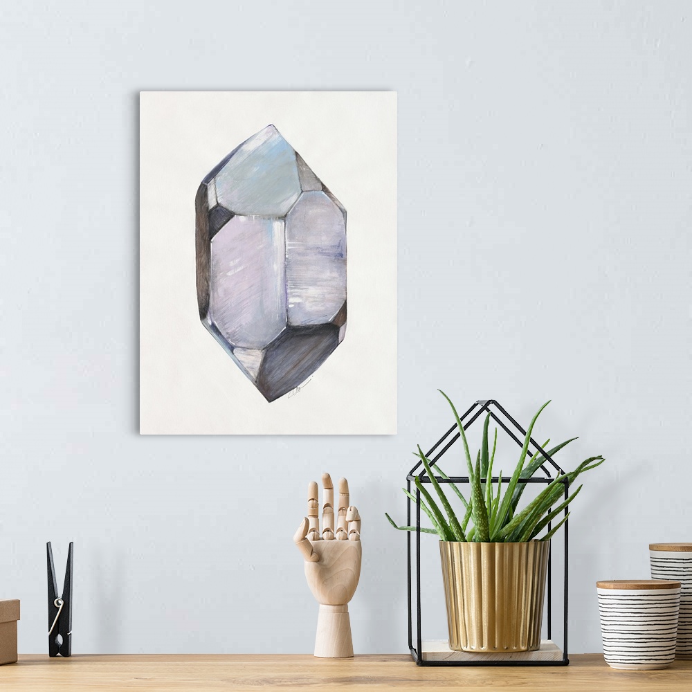 A bohemian room featuring Abstract artwork of a faceted crystal shape in cool grey tones.