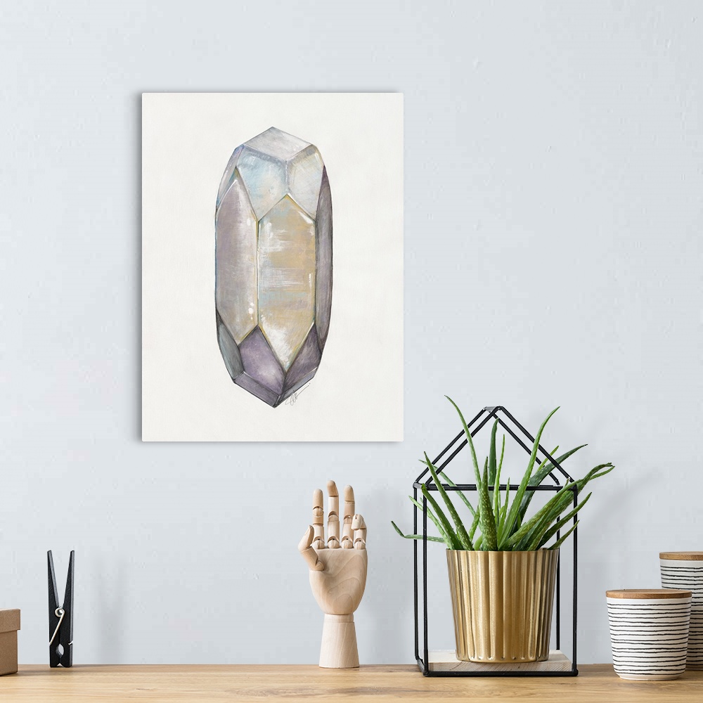 A bohemian room featuring Abstract artwork of a faceted crystal shape in warm grey tones.