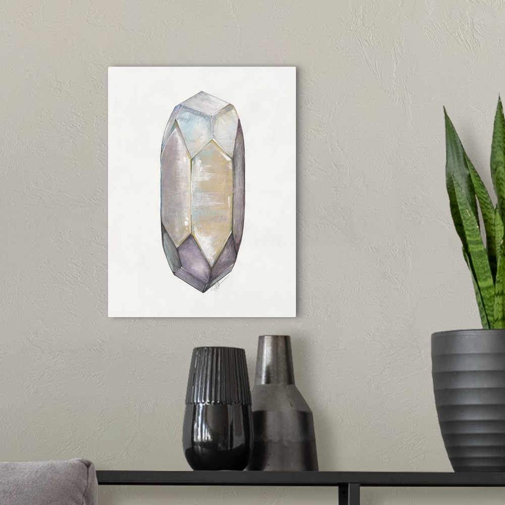 A modern room featuring Abstract artwork of a faceted crystal shape in warm grey tones.
