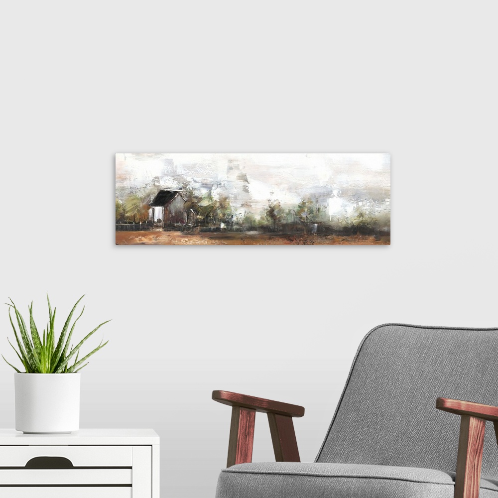 A modern room featuring Contemporary artwork lone house standing a countryside field.