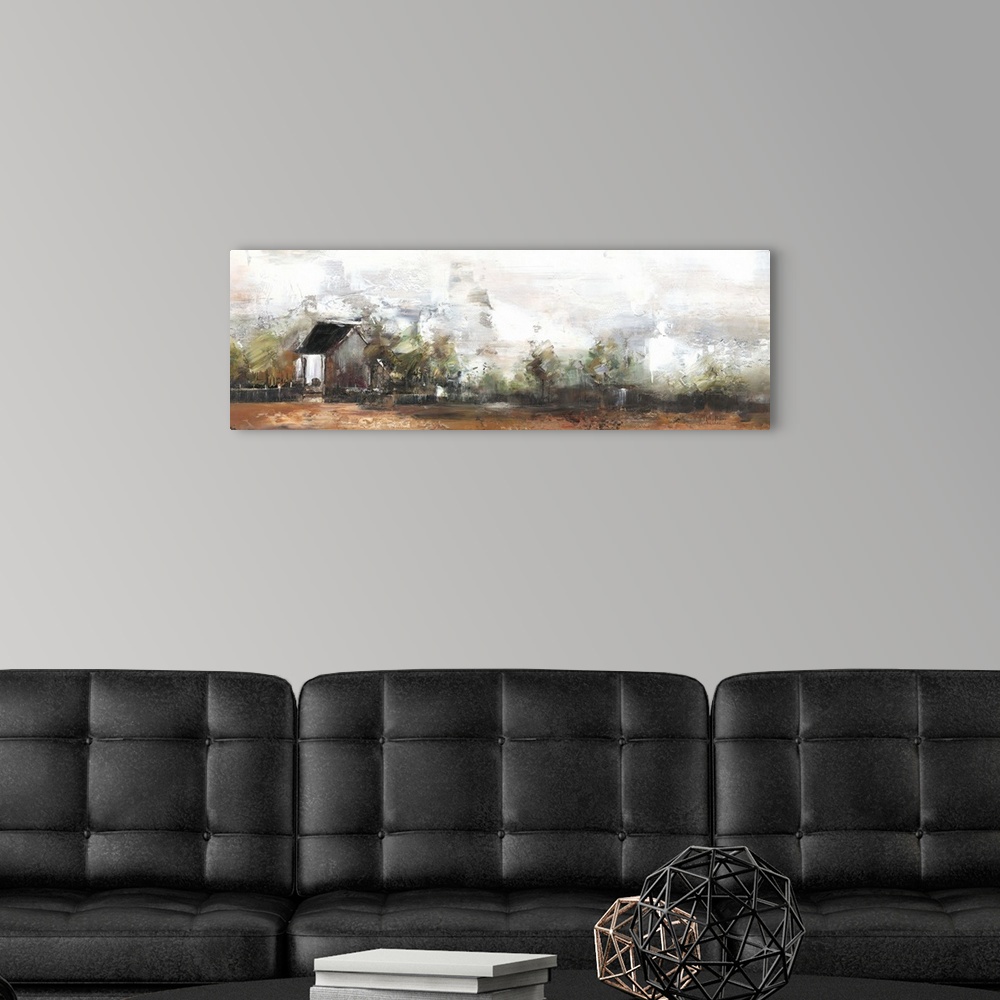 A modern room featuring Contemporary artwork lone house standing a countryside field.