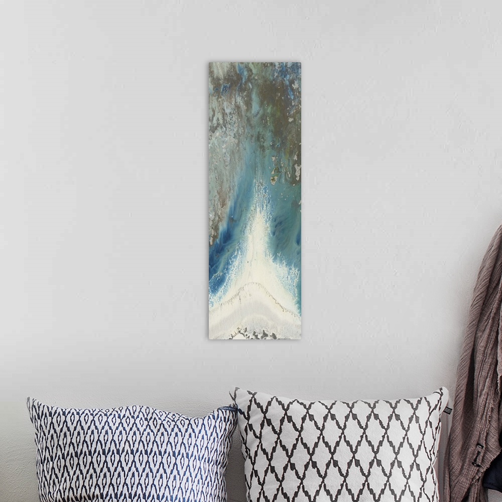 A bohemian room featuring Contemporary abstract painting using tones of blue mixed with earth tones to create a movement of...